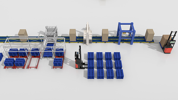 Sistema de manejo y transporte de cartón corrugado (flejado y enfardado de cajas terminadas)